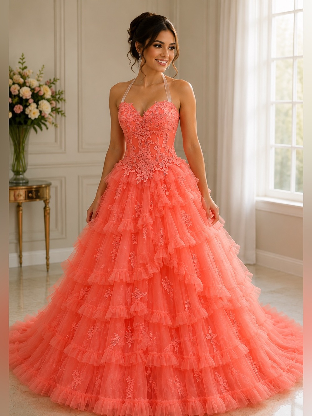 Coral Strapless Lace Ball Gown | Corset Back | Quinceañera • Prom • Pageant
